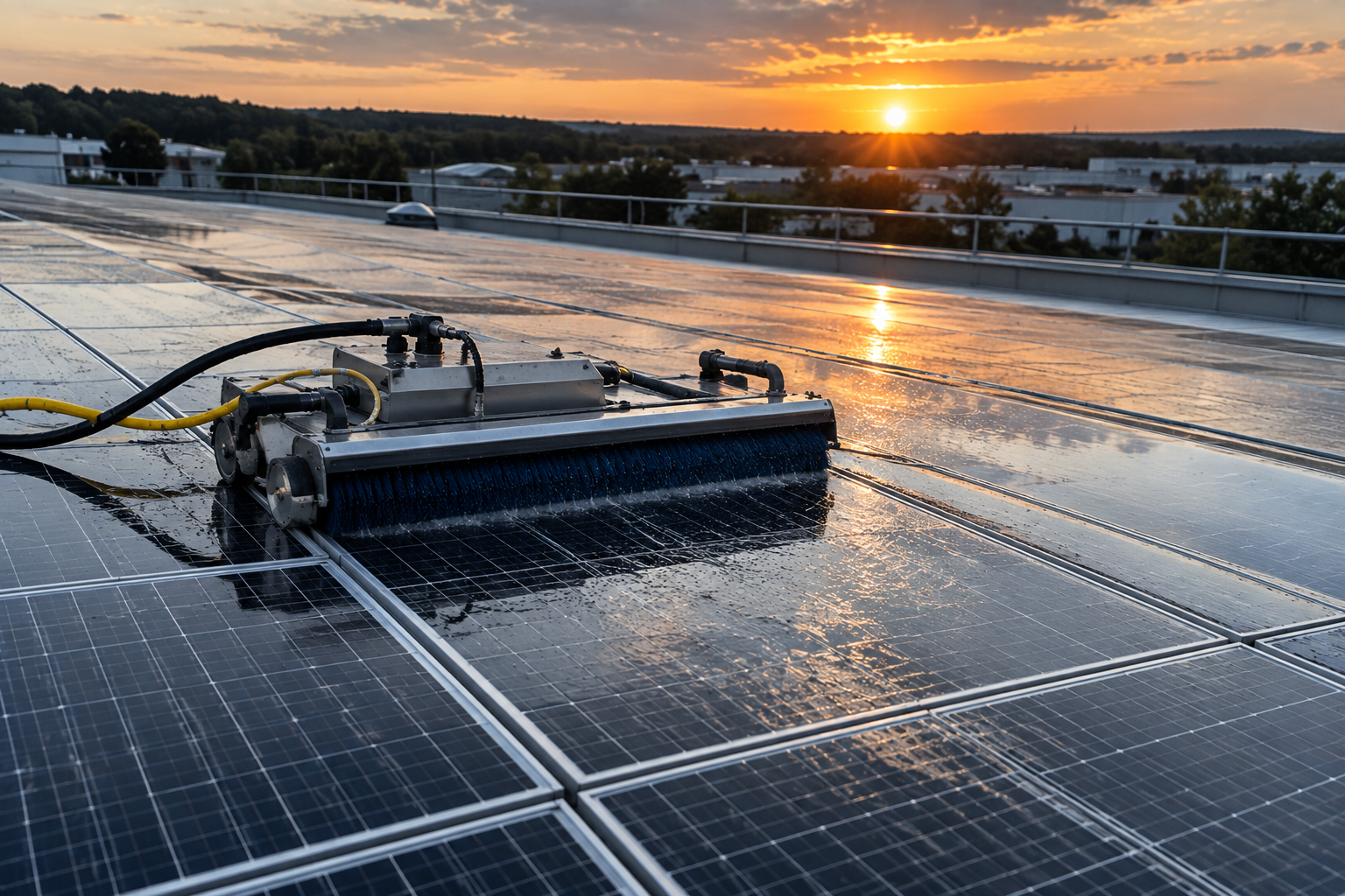 Reinigungsroboter mit Bürste bei der Reinigung von Photovoltaik-Modulen auf einem Gewerbedach