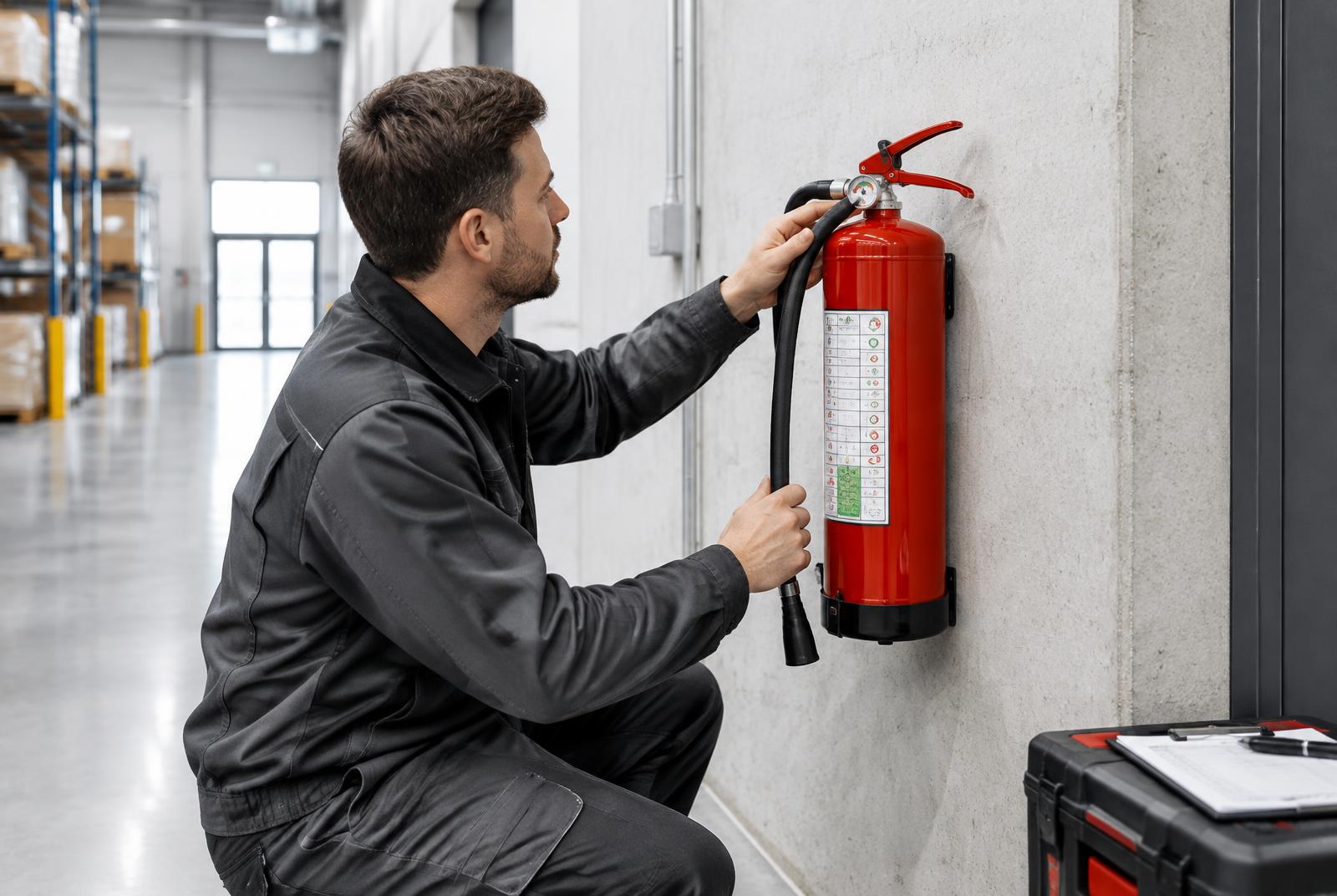 Techniker kontrolliert Schlauch und Armatur eines Feuerlöschers in einem Gewerbegebäude